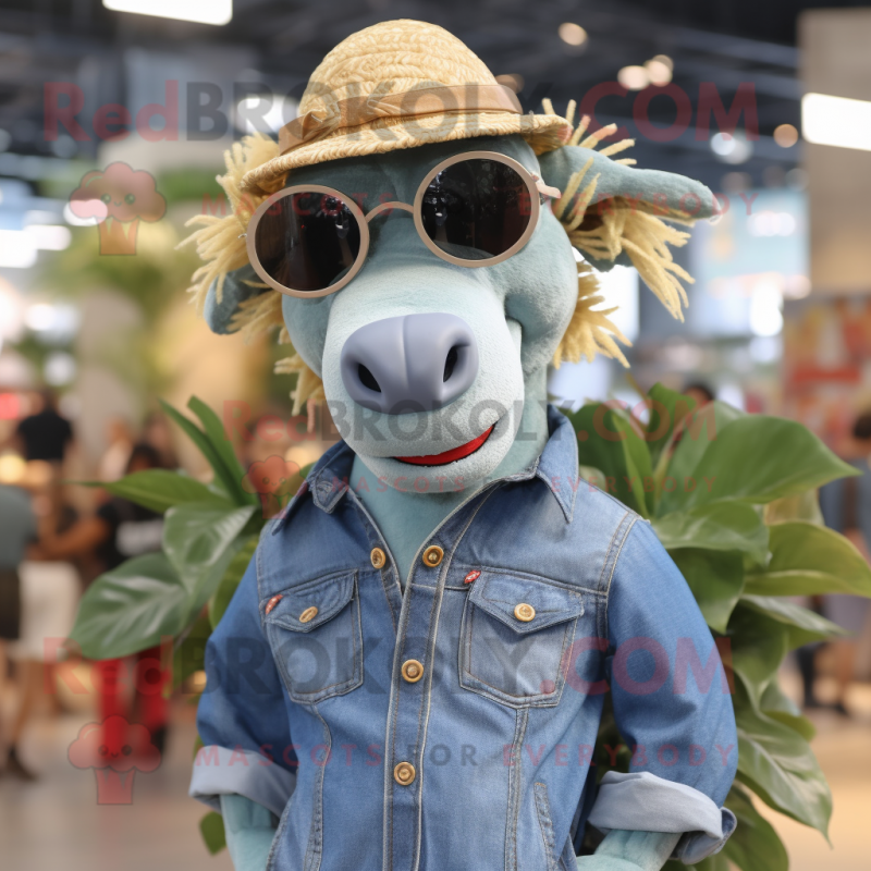 Olive Quagga mascot costume character dressed with a Denim Shirt and Sunglasses