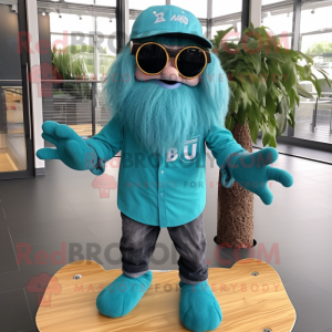 Turquoise Skateboard mascot costume character dressed with a Jumpsuit and Eyeglasses