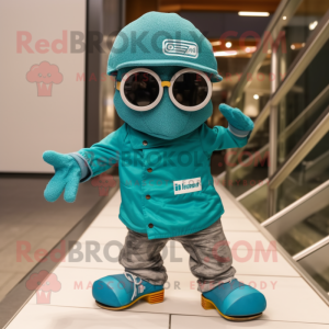 Turquoise Skateboard mascot costume character dressed with a Jumpsuit and Eyeglasses