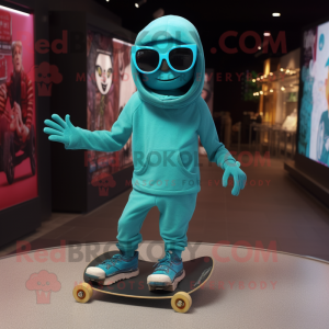Turquoise Skateboard mascot costume character dressed with a Jumpsuit and Eyeglasses