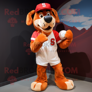 Red Dog mascot costume character dressed with a Baseball Tee and Gloves