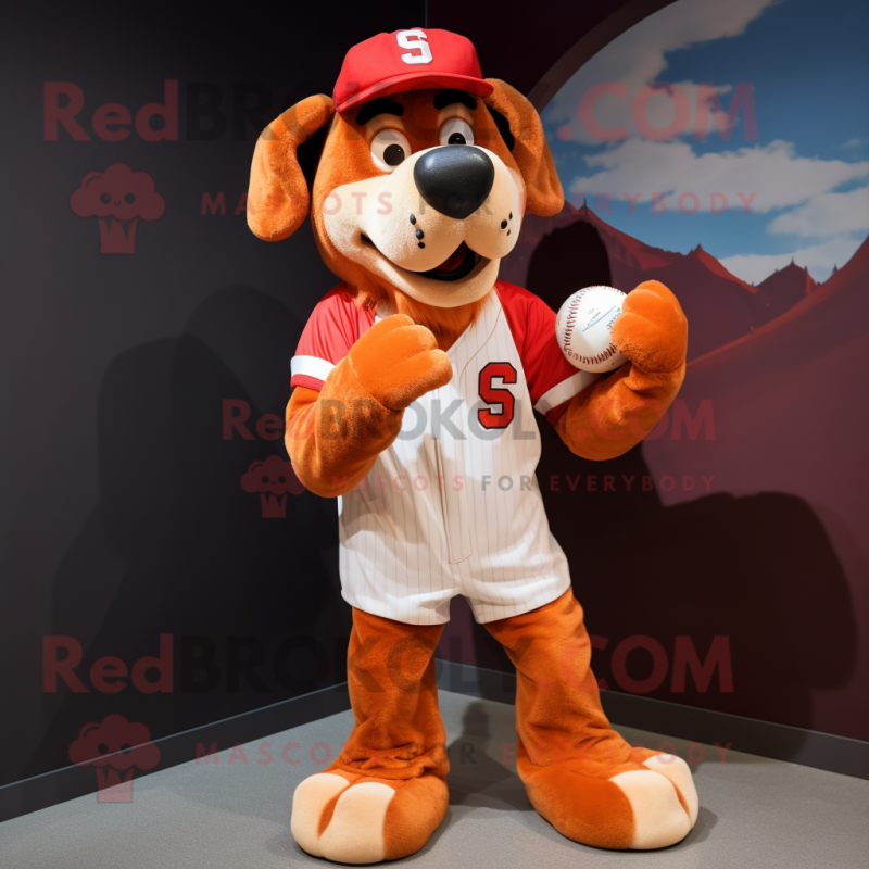 Red Dog mascot costume character dressed with a Baseball Tee and Gloves