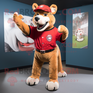 Red Dog mascot costume character dressed with a Baseball Tee and Gloves