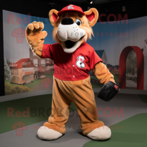 Red Dog mascot costume character dressed with a Baseball Tee and Gloves
