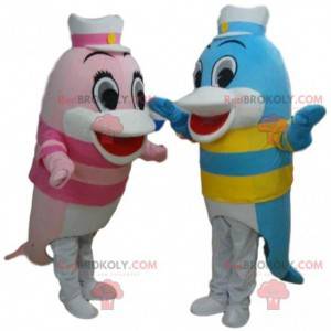 2 dolphin mascots, colorful fish costumes - Redbrokoly.com