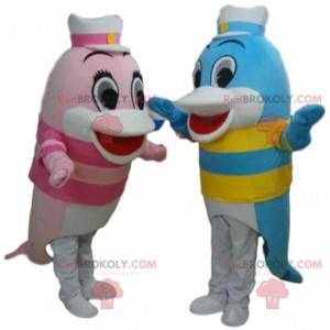 2 mascottes de dauphins, costumes de poissons colorés -