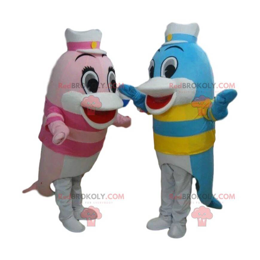 2 mascottes de dauphins, costumes de poissons colorés -