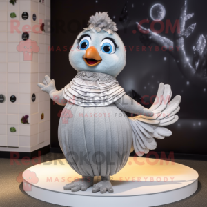 Silver Quail mascot costume character dressed with a Pleated Skirt and Hair clips