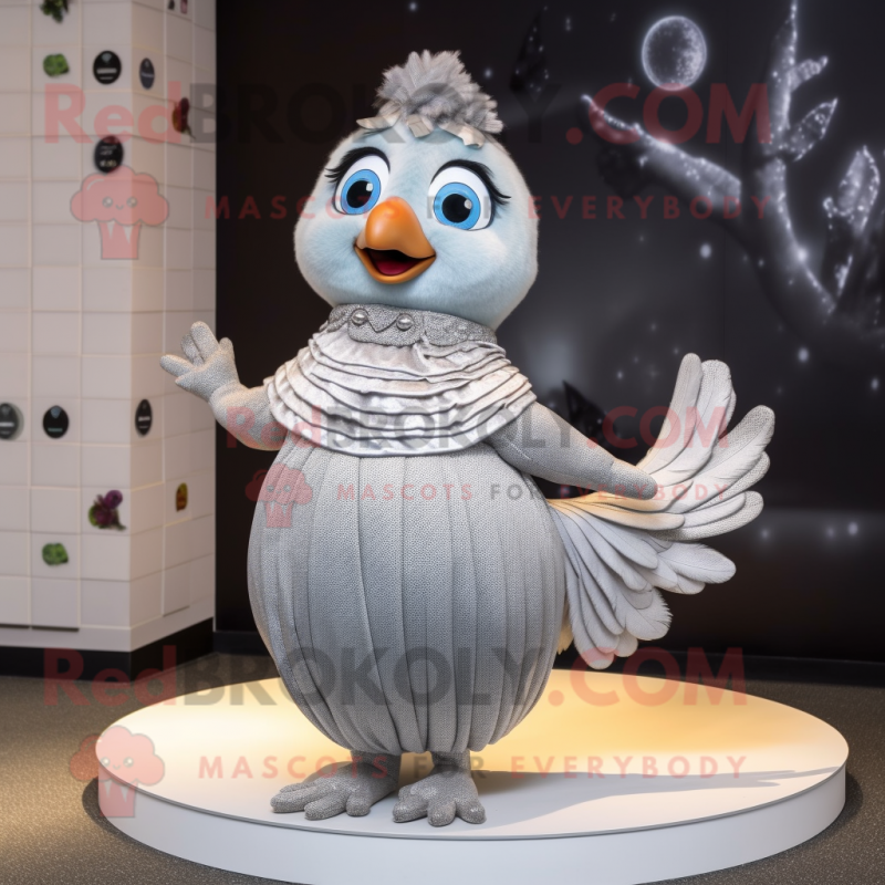 Silver Quail mascot costume character dressed with a Pleated Skirt and Hair clips Silver Quail mascot costume character dressed with a Pleated Skirt and Hair clips