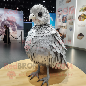 Silver Quail mascot costume character dressed with a Pleated Skirt and Hair clips