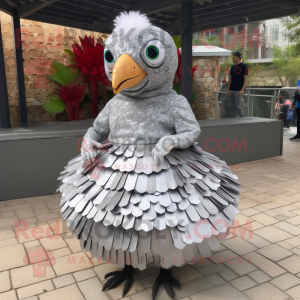 Silver Quail mascot costume character dressed with a Pleated Skirt and Hair clips