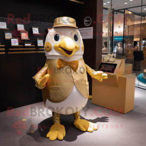 Gold Penguin mascot costume character dressed with a Blouse and Coin purses