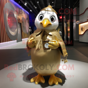 Gold Penguin mascot costume character dressed with a Blouse and Coin purses