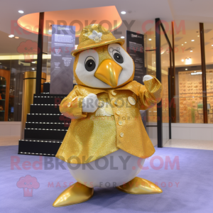 Gold Penguin mascot costume character dressed with a Blouse and Coin purses