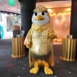 Gold Penguin mascot costume character dressed with a Blouse and Coin purses