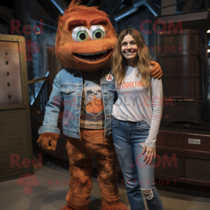 Rust Momentum mascot costume character dressed with a Mom Jeans and Lapel pins