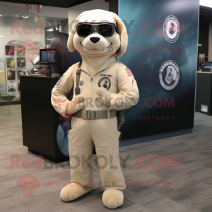 Beige Navy Seal mascot costume character dressed with a Suit Pants and Eyeglasses