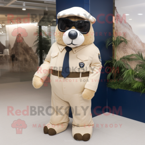 Beige Navy Seal mascot costume character dressed with a Suit Pants and Eyeglasses