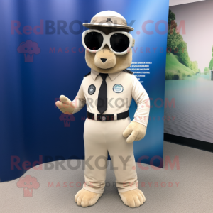 Beige Navy Seal mascot costume character dressed with a Suit Pants and Eyeglasses