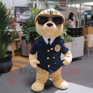 Beige Navy Seal mascot costume character dressed with a Suit Pants and Eyeglasses