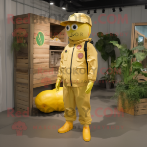 Lemon Yellow Tomato mascot costume character dressed with a Cargo Pants and Brooches