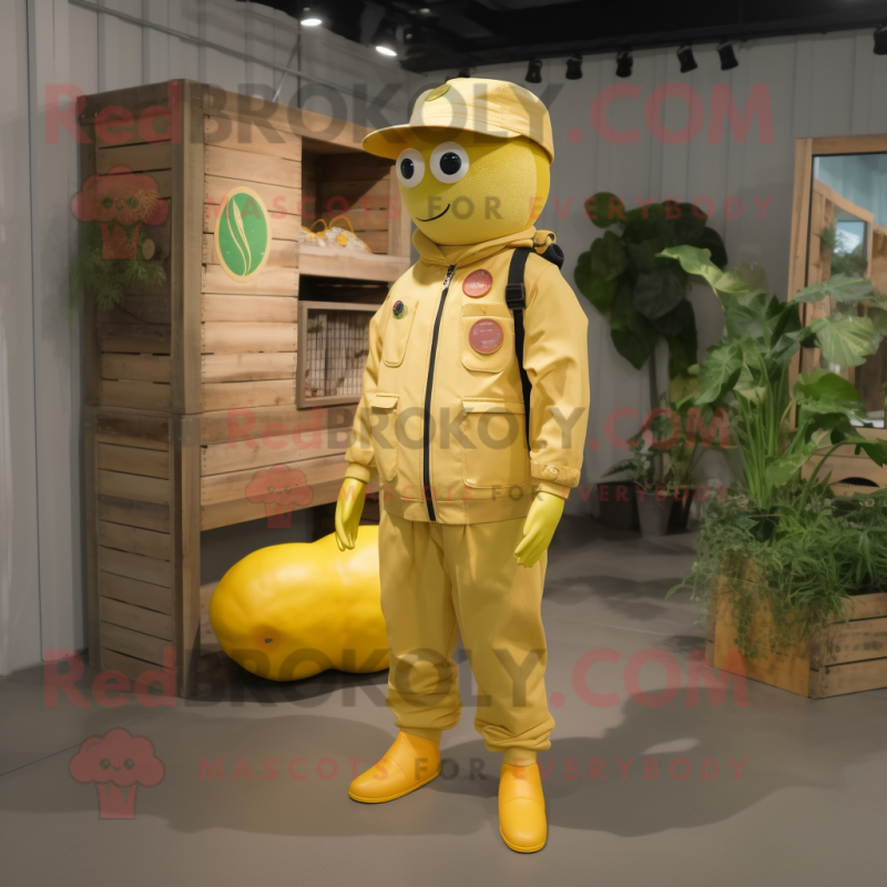 Lemon Yellow Tomato mascot costume character dressed with a Cargo Pants and Brooches Lemon Yellow Tomato mascot costume character dressed with a Cargo Pants and Brooches