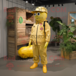 Lemon Yellow Tomato mascot costume character dressed with a Cargo Pants and Brooches