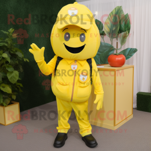 Lemon Yellow Tomato mascot costume character dressed with a Cargo Pants and Brooches