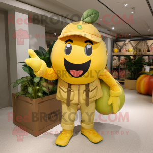 Lemon Yellow Tomato mascot costume character dressed with a Cargo Pants and Brooches