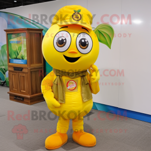 Lemon Yellow Tomato mascot costume character dressed with a Cargo Pants and Brooches