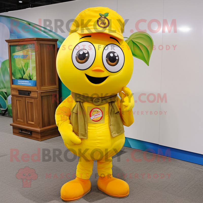 Lemon Yellow Tomato mascot costume character dressed with a Cargo Pants and Brooches Lemon Yellow Tomato mascot costume character dressed with a Cargo Pants and Brooches