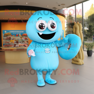 Sky Blue Bagels mascot costume character dressed with a Long Sleeve Tee and Brooches