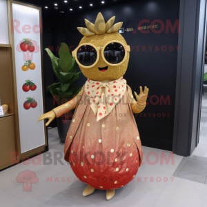 Gold Strawberry mascot costume character dressed with a Maxi Dress and Eyeglasses