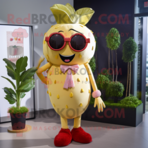 Gold Strawberry mascot costume character dressed with a Maxi Dress and Eyeglasses