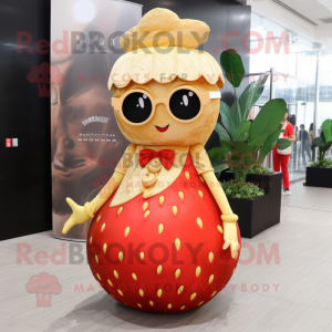 Gold Strawberry mascot costume character dressed with a Maxi Dress and Eyeglasses