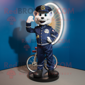 Navy Unicyclist mascot costume character dressed with a Biker Jacket and Coin purses