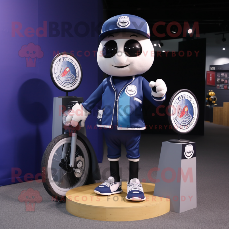 Navy Unicyclist mascot costume character dressed with a Biker Jacket and Coin purses