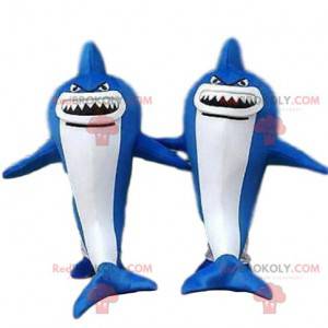 2 mascottes de requins bleus et blancs, animal dangereux -