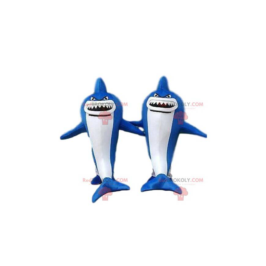 2 mascottes de requins bleus et blancs, animal dangereux -