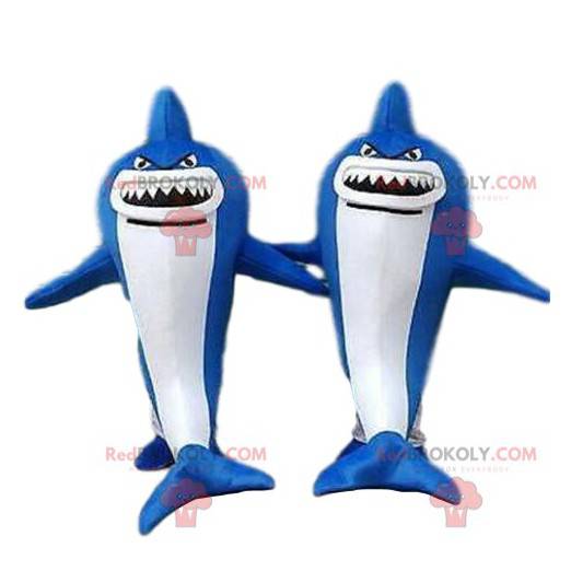 2 mascottes van blauwe en witte haaien, gevaarlijk dier -