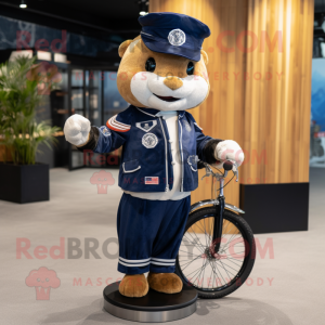 Navy Unicyclist mascot costume character dressed with a Biker Jacket and Coin purses