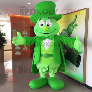 Lime Green Leprechaun mascot costume character dressed with a Cardigan and Clutch bags