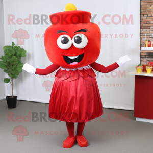 Red Hamburger mascot costume character dressed with a Cocktail Dress and Hair clips