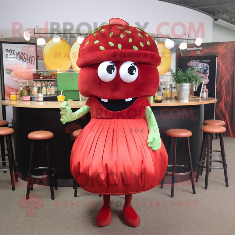 Red Hamburger mascot costume character dressed with a Cocktail Dress and Hair clips Red Hamburger mascot costume character dressed with a Cocktail Dress and Hair clips