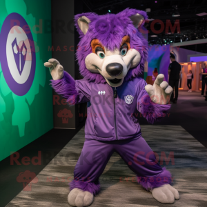 Purple Wolf mascot costume character dressed with a Windbreaker and Earrings