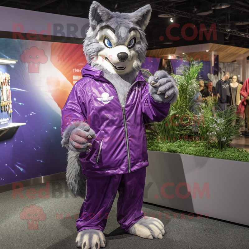 Purple Wolf mascot costume character dressed with a Windbreaker and Earrings