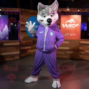 Purple Wolf mascot costume character dressed with a Windbreaker and Earrings