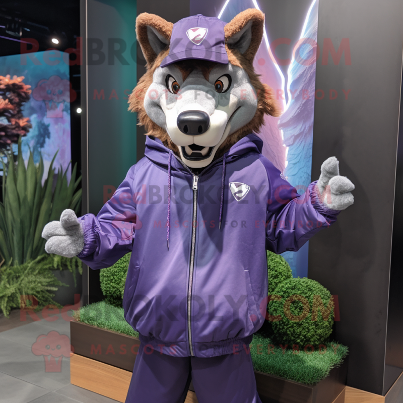 Purple Wolf mascot costume character dressed with a Windbreaker and Earrings