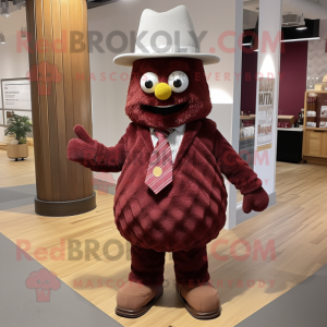 Maroon Pineapple mascot costume character dressed with a Shift Dress and Hat pins