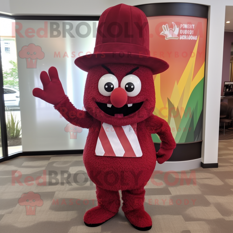 Maroon Pineapple mascot costume character dressed with a Shift Dress and Hat pins Maroon Pineapple mascot costume character dressed with a Shift Dress and Hat pins